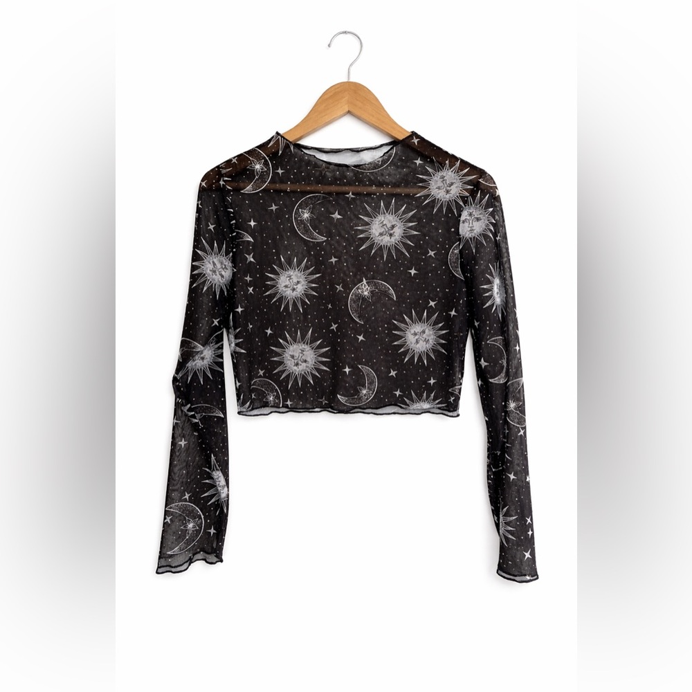 Y2K Celestial Sun Moon Star Mesh Crop Top